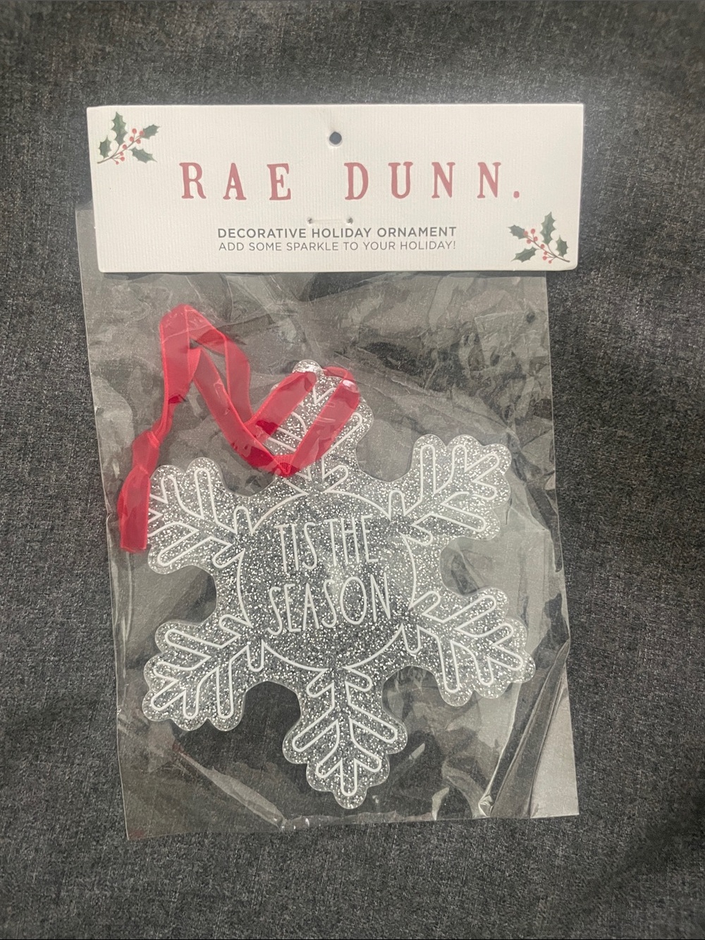 Rae Dunn Silver Glitter Snowflake Ornament with Red Ribbon